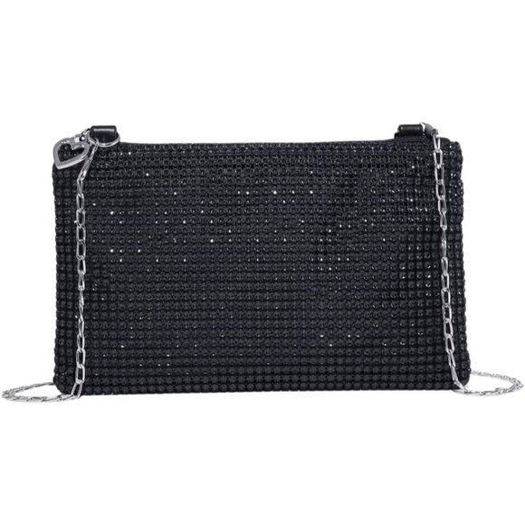 ⚡ Women's Mini Black Shiny Glitter Rhinestone Square Sparkle Evening Clutch Bag - Picture 1 of 7
